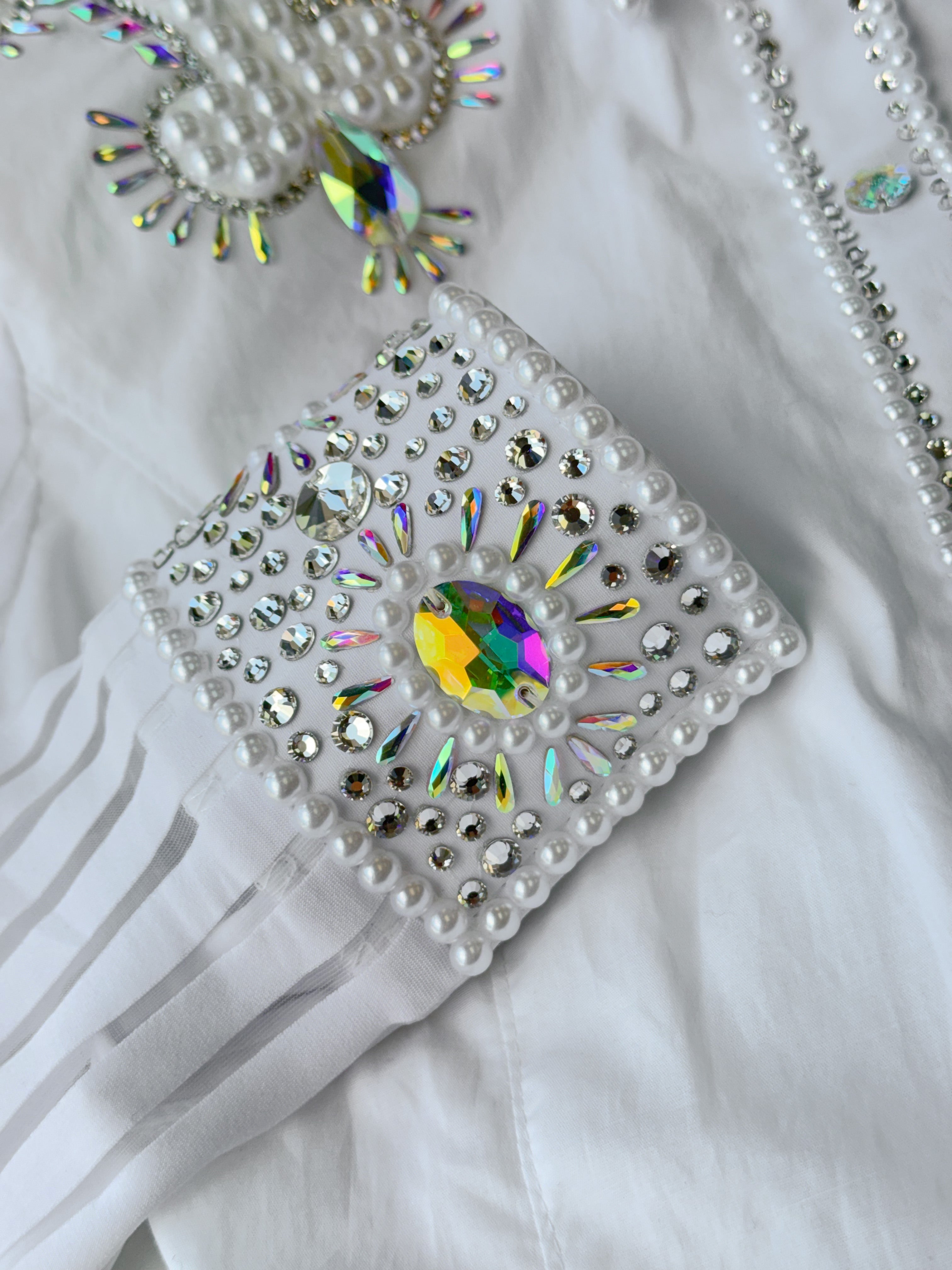 Western Shirt — Sheer Sleeves — White Rainbow Pearls