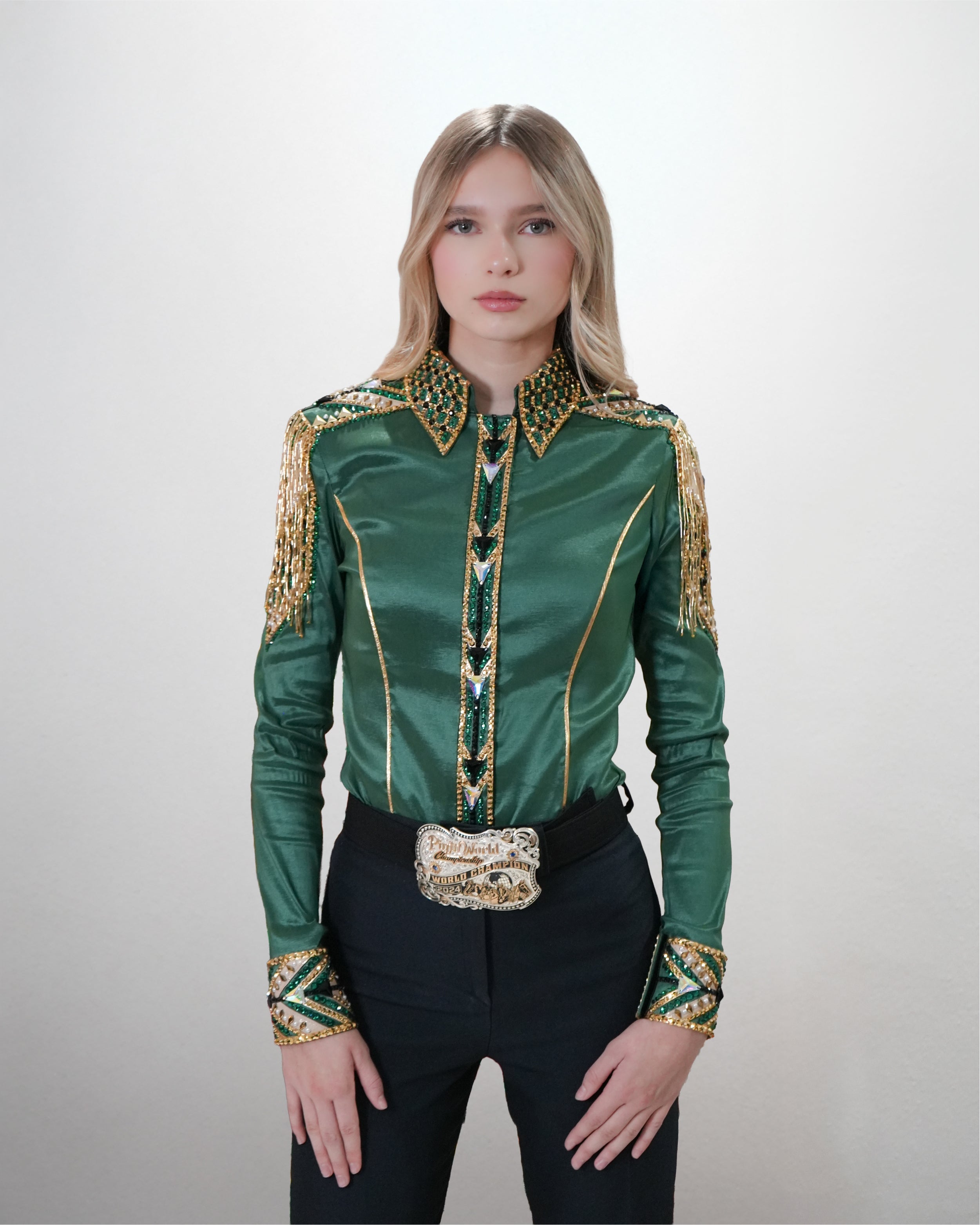 Western Shirt — Encore — Emerald Gold Fringe