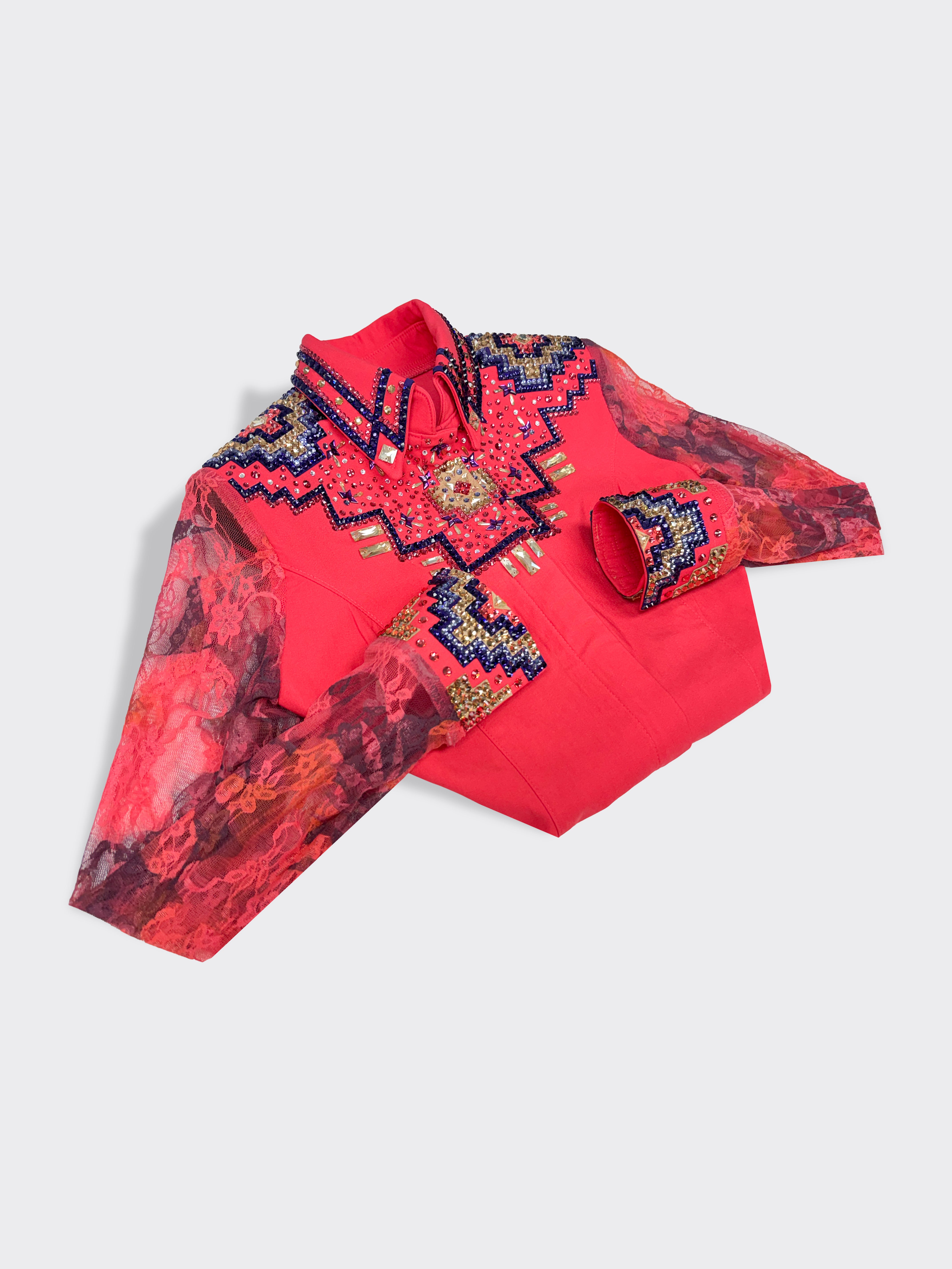 Size 10 —  Western Shirt —  Sheer Sleeves  — Coral Laced